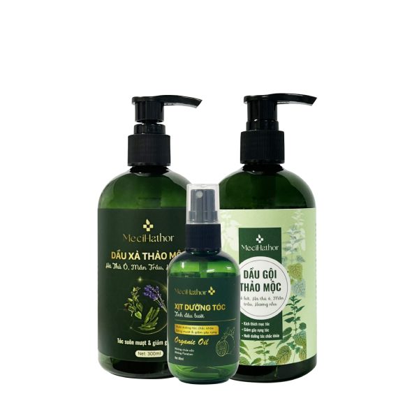 Combo Gội, Xả, Xịt MECIHATHOR Dầu Gội (Xanh), Dầu Xả Thảo Mộc 300ML , Xịt Dưỡng Tóc 80ML Kích Thích Mọc Tóc
